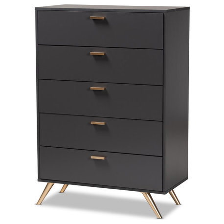 Kelson Modern Dark Grey and Gold Finished Wood 5-Drawer Chest