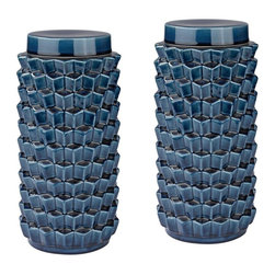 Earthenware Accordion Crackled Decorative Jars in Blue (Set of 2) - Decorative Jars And Urns