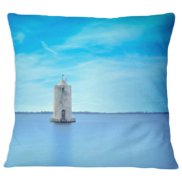 Old Spanish Windmill in Blue Lagoon Seashore Throw Pillow, 18"x18"