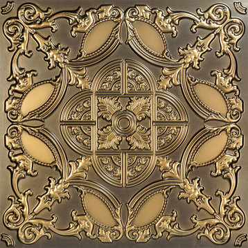 Golden Prague, Faux Tin Ceiling Tile, Glue up, 24"x24", #218, Antique Gold