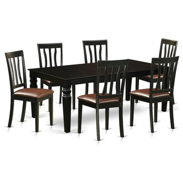 7-Piece Dining Set With a Table and 6 Leather Chairs, Black, Leather Cushion