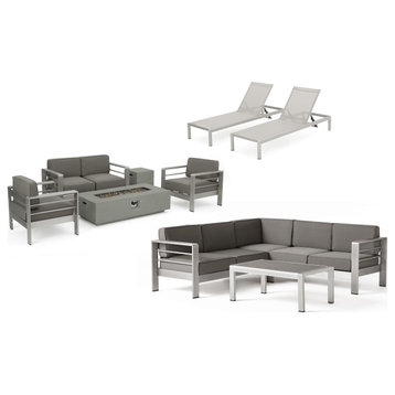GDF Studio 10-Piece Outdoor Sectional Chat Set With Lounges and Fire Table, Light Gray