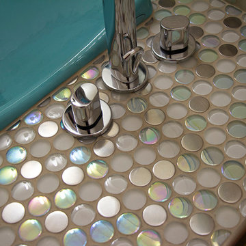 Tiled countertop on powder room vanity