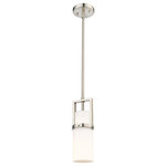 Innovations Lighting - Utopia 1 Light 8" Stem Hung Pendant, Satin Nickel, Matte White Glass - Modern and geometric design elements give the Utopia Collection a striking presence. This gorgeous fixture features a sharply squared off frame, softened by a round glass holder that secures a cylindrical glass shade.