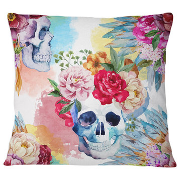 Ethnic Skull with Flowers Floral Throw Pillow, 16"x16"