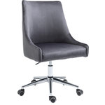 Meridian Furniture - Karina Swivel and Adjustable Velvet Upholstered Office Chair, Grey, Chrome Base - Bring functional beauty to the limelight whenyou'rere seated in the comforting confines of this Karina Velvet Office Chair. This chair isn't just another handsome face for your office, althoughyou'rell fall for its soft grey velvet upholstery and rich chrome base. This contemporary chair is just as utilitarian as it is attractive, with its swiveling design and five-star base with casters to make it easy to maneuver around your workstation. The chair is also adjustable, so it's easy to get comfortable and find your favorite sitting position.