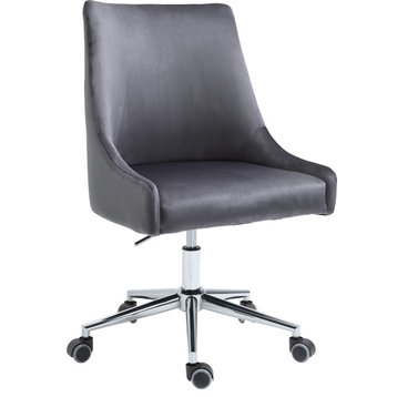 Karina Swivel and Adjustable Velvet Upholstered Office Chair, Grey, Chrome Base