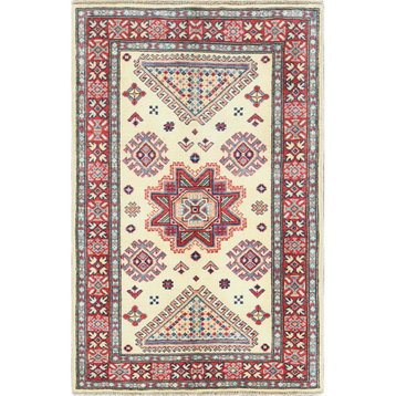 Vibrant Wool, Hand Knotted, Ivory, Afghan Special Kazak, Rug, 3'0" x 4'6"