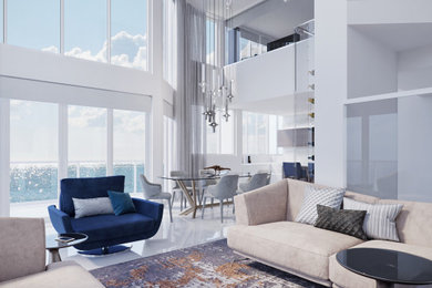 Inspiration for a mid-sized contemporary formal and loft-style porcelain tile, white floor and wallpaper living room remodel in Miami with white walls, a hanging fireplace, a stone fireplace and a wall-mounted tv