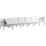 Meridian Furniture - Nizuc Water Resistant Patio Modular Straight Sofa, White, 6-Piece: 4 Armless Chair, 2 Corner Chair, White Aluminum Frame - Pick and choose your favorites from the Nizuc collection to create a modular seating group the whole gang will enjoy. The sturdy aluminum frame provides dependable support for friends and family as they relax and unwind, and the resilient white water resistant fabric stands up to the elements without losing its beautiful demeanor, so you can count on it lasting for the long haul. Latches beneath these seating pieces help you easily attach them to one another for convenient setup.