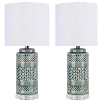 21" Soft Teal Table Lamp, Cylindrical Base/Off-White Linen Shade, Set of 2