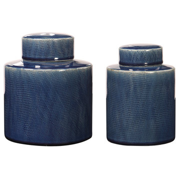 Elegant Sapphire Blue Jar 2-Piece Set, Ceramic Ginger Mid Century Round