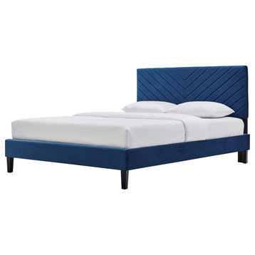 Platform Bed Frame, King Size, Blue Navy, Velvet, Modern, Bedroom Guest Suite