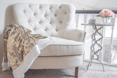 Example of a small minimalist carpeted and beige floor home studio design in Chicago with beige walls