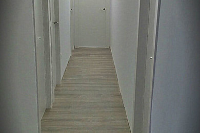 This is an example of a large modern hallway in Valencia with white walls and light hardwood floors.