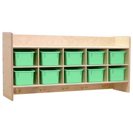 10 Section Wood Cubbies Storage, Lime Green Bins, Wall Hanging Organizer