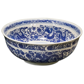 Porcelain Basin, Sink Bowl With Blue and White Motif, Dragon