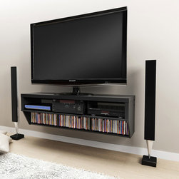 Prepac 9 Designer Collection Black 58" Wall Mounted AV Console - Display And Wall Shelves 
