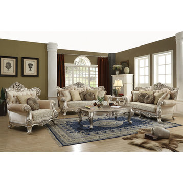 ACME Bently Sofa with 7 Pillows, Fabric and Champagne