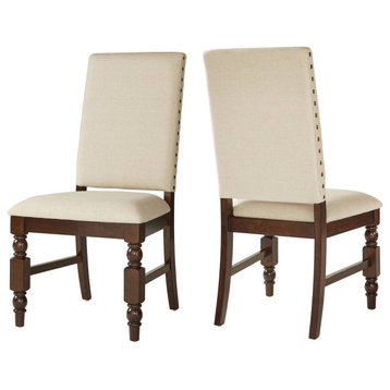 Set of 2 Dining Chair, Dark Oak Frame With Padded Seat, Beige Linen