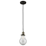 Artcraft Lighting - Edison 1-Light Vintage Brass Pendant - Retro in style, and elegant by design, the "Edison" collection features a bulb shaped clear glass held by socket covers that are matte black and vintage brass in color. To go with the flow and match the styling, the wires have black textile covers, complimented with a matte black canopy. Multiple sizes available.