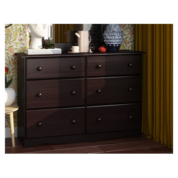 100% Solid Wood Double Dresser With 4 Super, 2 Standard Drawers, Java