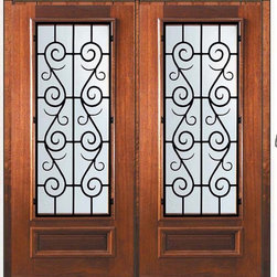 Prehung Double Door 80 Mahogany St. Charles 3/4 Lite Wrought Iron - Front Doors