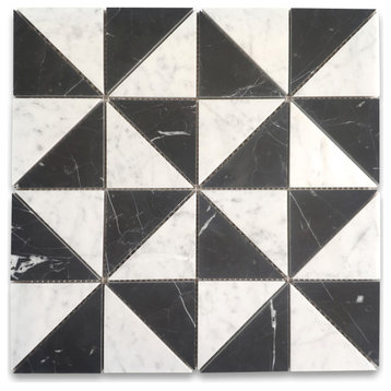Carrara White Nero Marquina Black Marble Windmill Triangle Mosaic Tile, 1 sheet