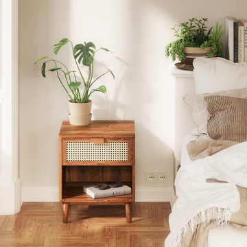 Our Ava Solid Teak Wood & Rattan Nightstand with a Drawer and Storage