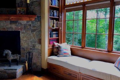 Living room - small traditional formal and enclosed medium tone wood floor and beige floor living room idea in Burlington with beige walls, a corner fireplace, a stone fireplace and no tv
