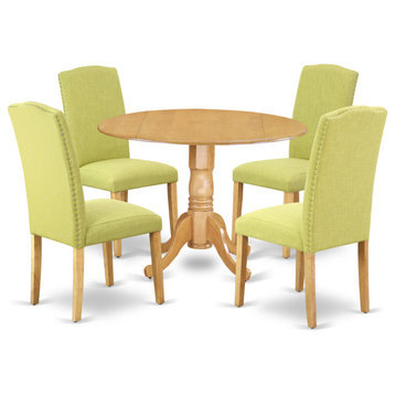 5-Piece Round 42" Kitchen Table, Two 9"Drop Leaves, 4-Chair, Oak Leg, Limelight
