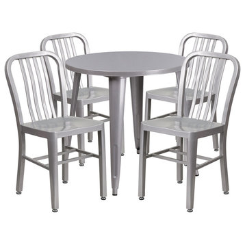 30" Round Silver Metal 5-Piece Table Set With 4 Vertical Slat Back Chairs