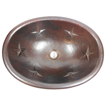 Oval Copper Bathroom Sink Rustic Star Design in Aged Copper Patina