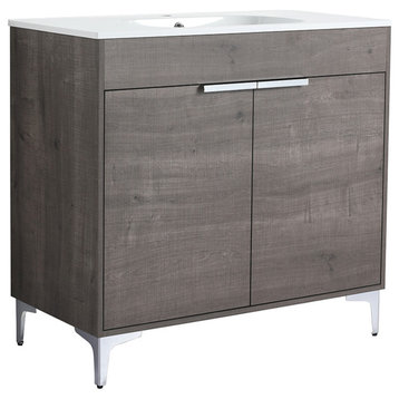 Single Vanity, Gray Oak Finish With Solid Surface Resin White Sink, 36"