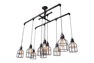 Brushed Iron 1-Tier Linear Chandelier With Wire Guard Metal