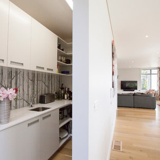Large kitchen pantry ideas - Kitchen pantry - large galley light wood floor kitchen pantry idea in Auckland with an undermount sink, flat-panel cabinets, white cabinets, quartz countertops, glass sheet backsplash, stainless steel appliances and an island