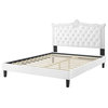 Platform Bed Frame, Nailhead, Queen Size, White, Velvet, Modern, Guest Suite