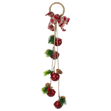 15" Pine and Red Jingle Bell Christmas Door Hanger With Plaid Bow