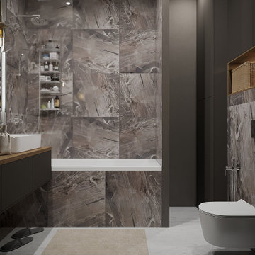 Apartment with black bedroom and bathroom