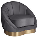 Meridian Furniture - Shelly Velvet Upholstered Chair, Gray - Unwind and rest when you'rere seated on this Shelly velvet chair featuring soft grey velvet upholstery. This lovely piece is just the thing to inject drama into your space whether used on its own or in combination with other items in the Shelly collection. The unique shell shape immediately commands attention, and the brushed gold stainless steel base cements the base in contemporary panache.