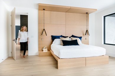 Bedroom - contemporary light wood floor and beige floor bedroom idea in Other with white walls and no fireplace