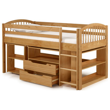 Addison Wood Junior Loft Bed, Drawers, Bookshelf, and Desk, Cinnamon