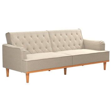 Pemberly Row Vintage Convertible Sofa Bed Futon in Tan Linen