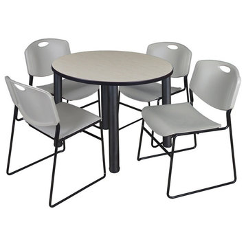 Kee 36" Round Breakroom Table, Maple/Black and 4 Zeng Stack Chairs, Gray