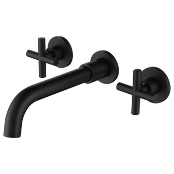 Two Handle Wall Mount Bathroom Sink Faucet with Rough-in Valve, Matte Black