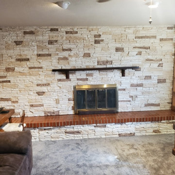 Vanilla Bean Stacked Stone Fireplace Accent Wall Design