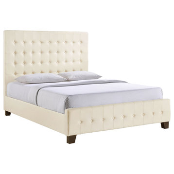 Modern Contemporary Queen Size Bed Frame, Ivory Fabric