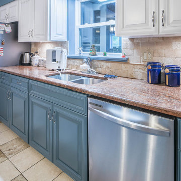 Transitional Kitchen with Two-Tone White and Blue Cabinets in Adelphia, MD