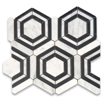 Carrara White Marble Strip Hexagon Georama Geometric Mosaic Tile Honed, 1 sheet
