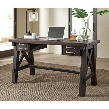 Rustic Desk, Pine Wood Construction With Trestle Base & Spacious Top, Dark Cafe